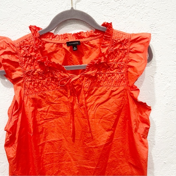 Talbots Top Women's Medium Orange Smocked Ruffle Split Neck Shell - Picture 2 of 6